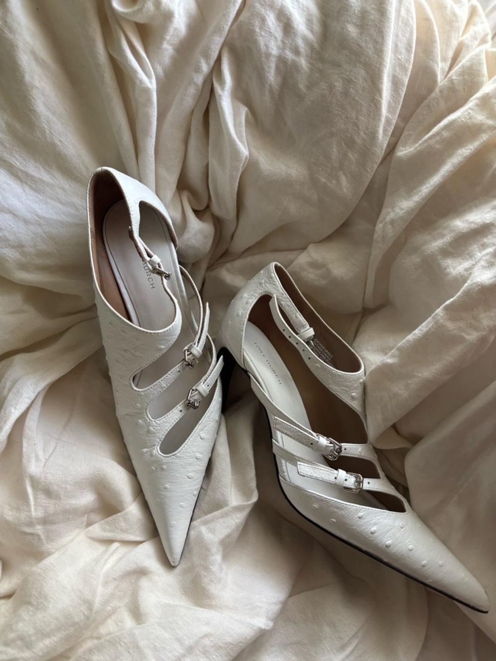Tory Burch White Pointed Mary Jane Heels with Double Straps